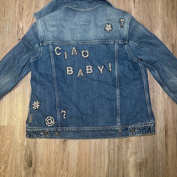 Paige “Ciao Baby!” Embellished Denim Jacket Women’s M Blue Pearl Rhinestone Jean - Picture 4 of 13